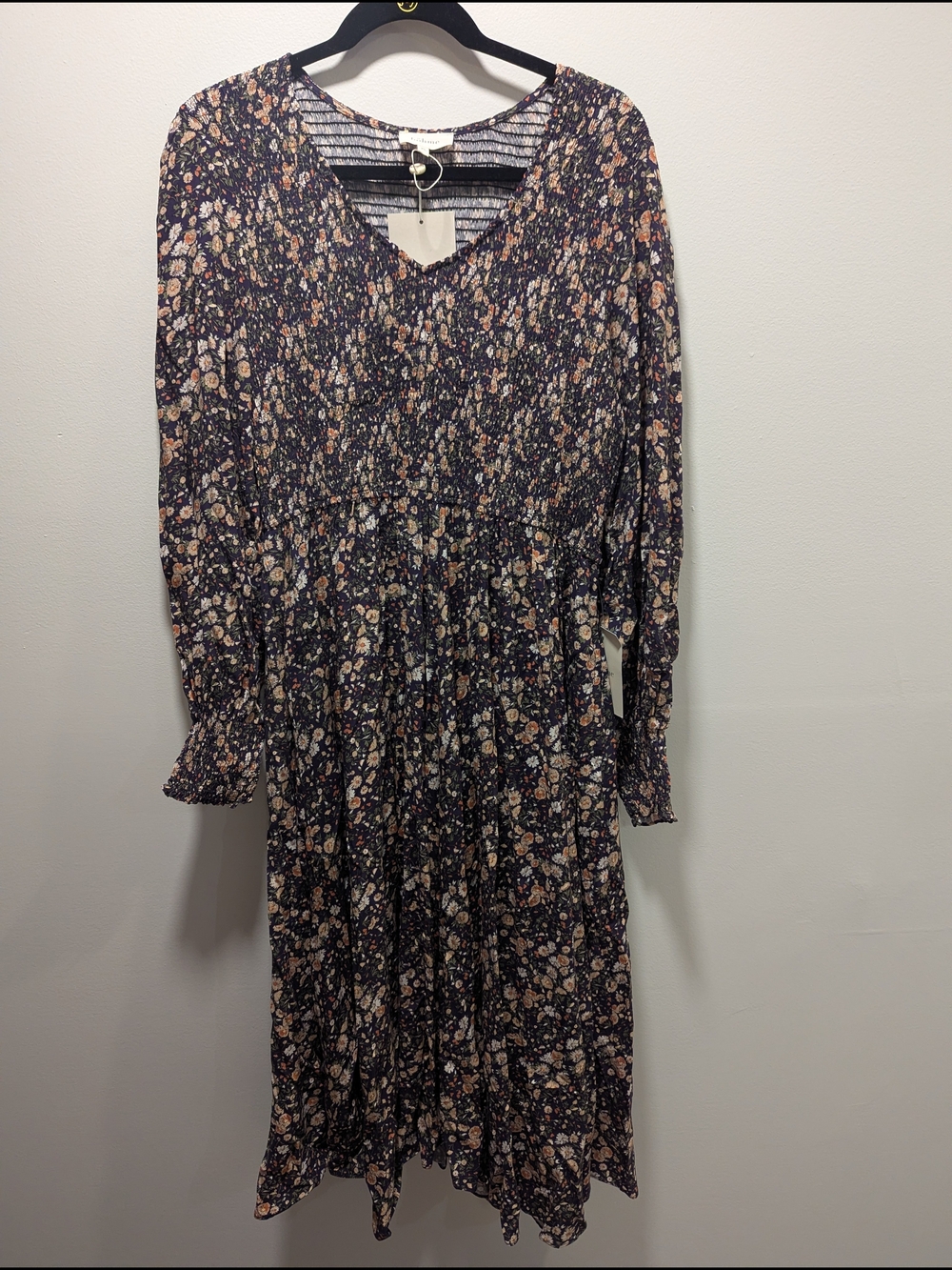 bohme Navy Floral Long-Sleeve Smocked Midi Dress XL NWT Fall Boho Flowy Hippie